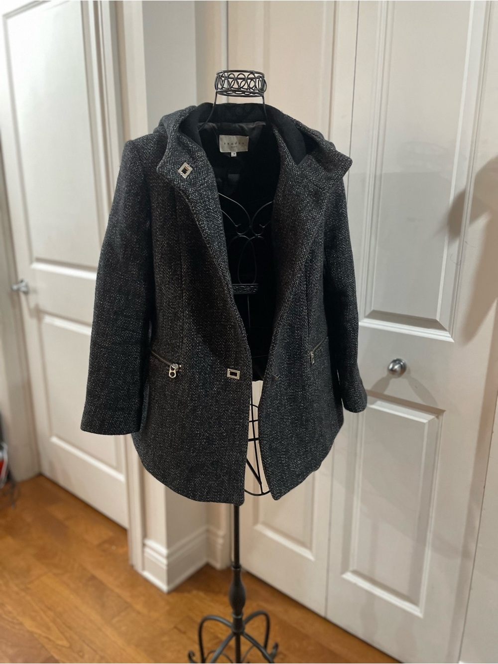 Sandro Charcoal Hooded Wool-Blend Pea Coat
